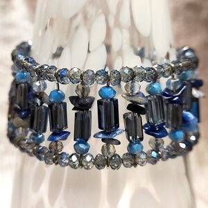 Dusty Blue Gray Faceted Glass Square Tube Beads Natural Stone Stretch Bracelet